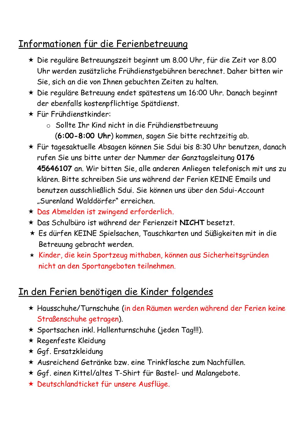 Informationen für die Ferienbetreuung